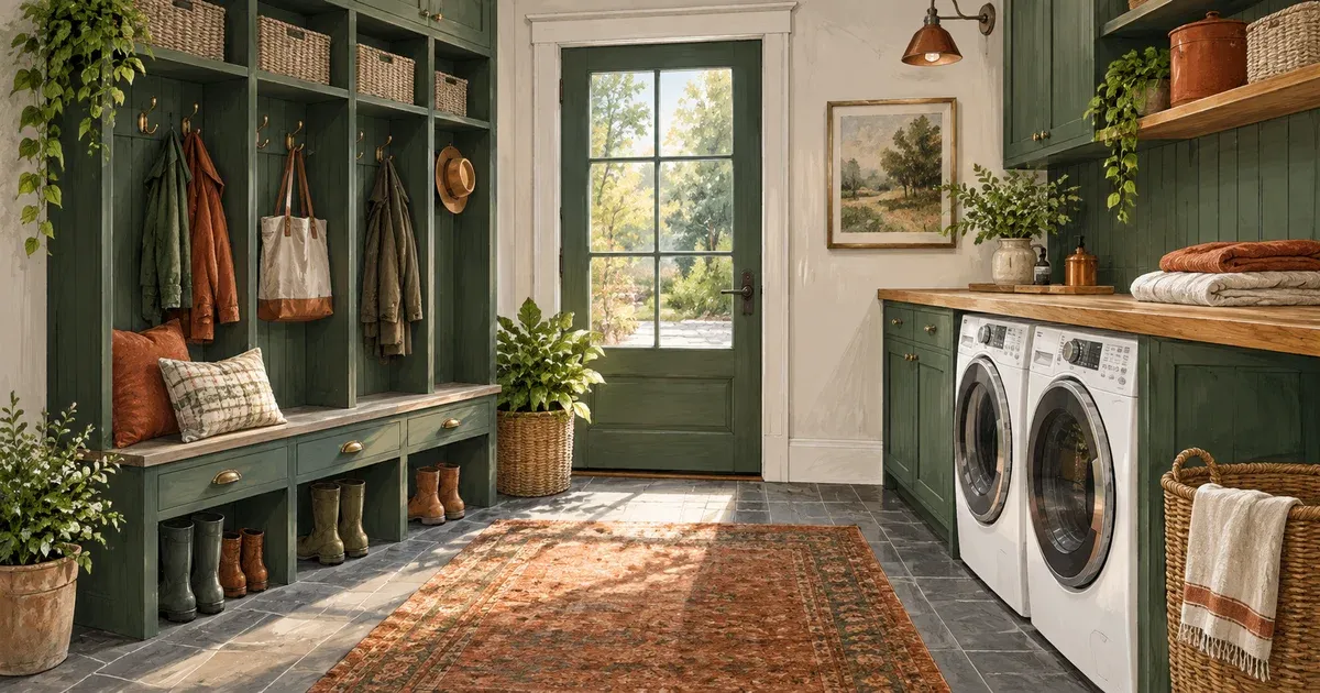Watercolor illustration of a mudroom laundry room combo with a storage bench, tall lockers, and a folding counter over a front-load washer and dryer, dusty blue wash