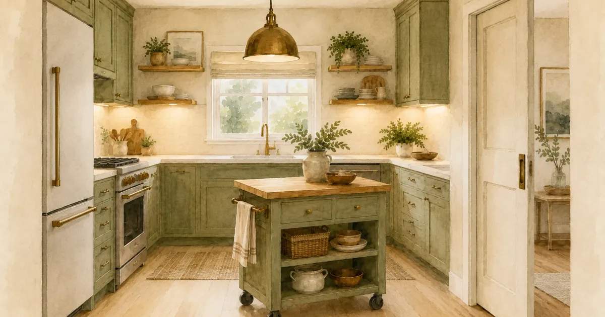 Watercolor illustration of a compact kitchen with sage green shaker cabinets, butcher block island on casters, brass pendant light, and open shelving