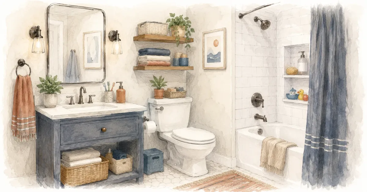 Watercolor illustration of a compact 5x8 bathroom with a navy vanity, open shelving above the toilet, and an alcove tub with tiled niches