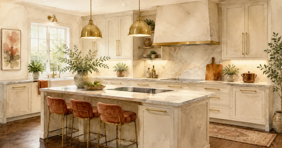 Bright transitional kitchen with cream cabinetry, brass pendant lights, marble island, and natural wood accents