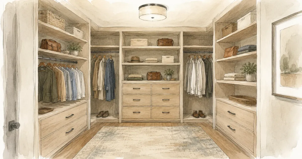 Small walk-in closet with built-in shelving, drawers, and double hanging rods maximizing storage