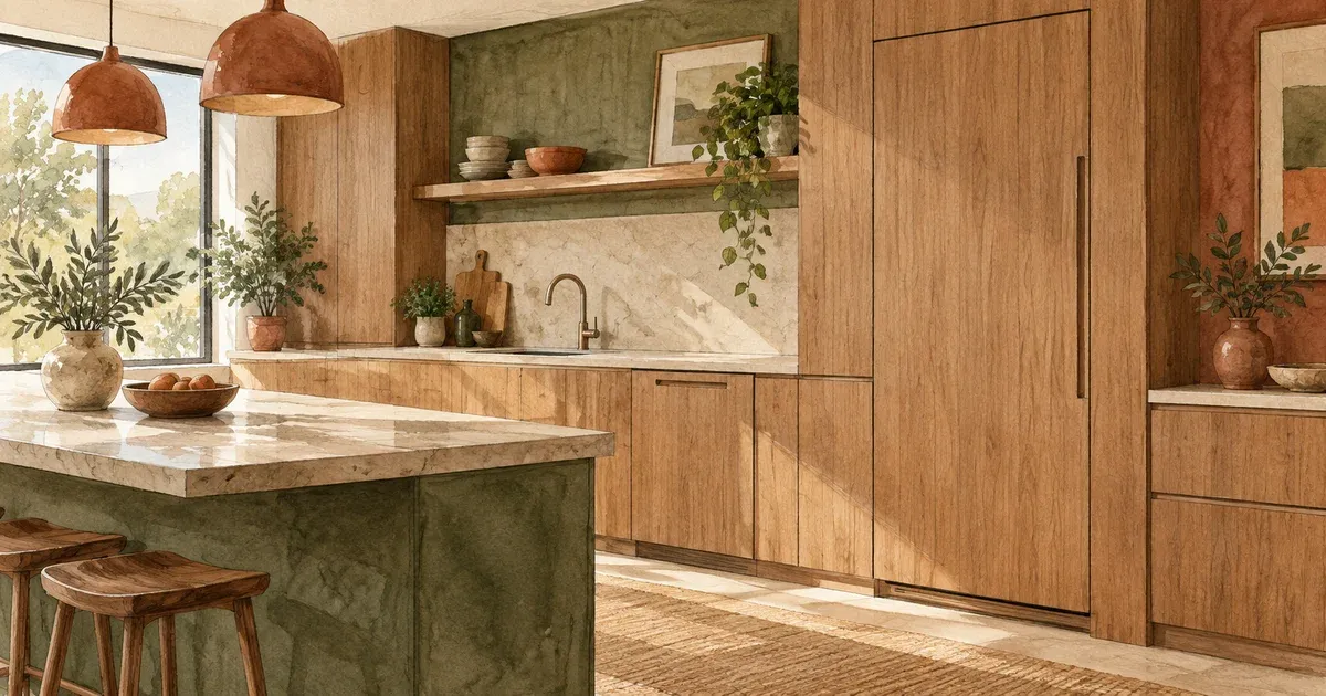 Watercolor illustration of a modern Lakeville kitchen with custom cabinetry and a panel-ready refrigerator disappearing seamlessly into the surrounding wood paneling, sage wash