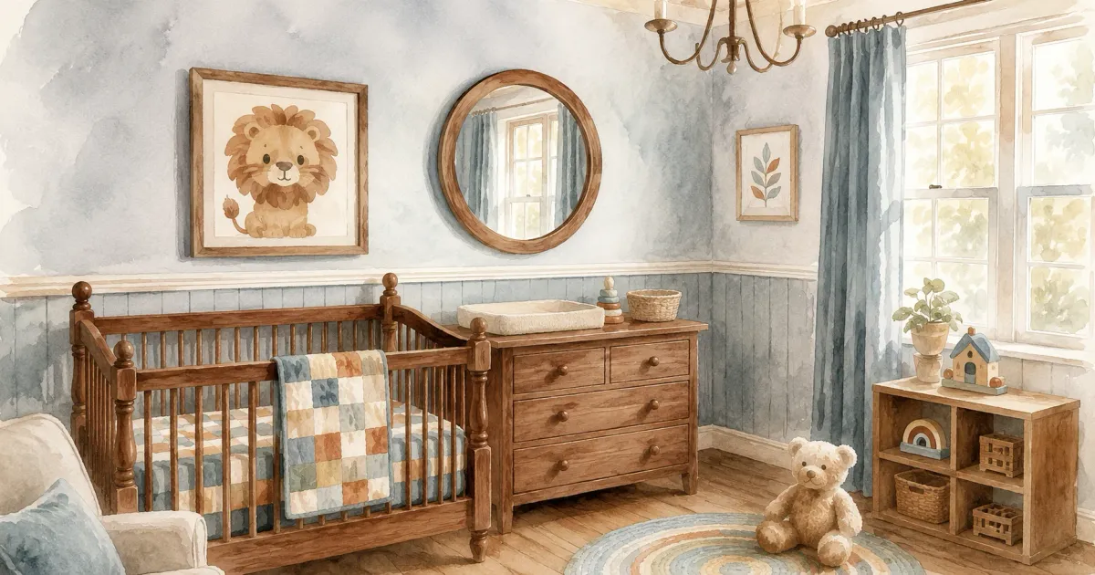 Warm wood nursery with a convertible crib, matching dresser, and neutral blue wainscoting designed to grow with a child