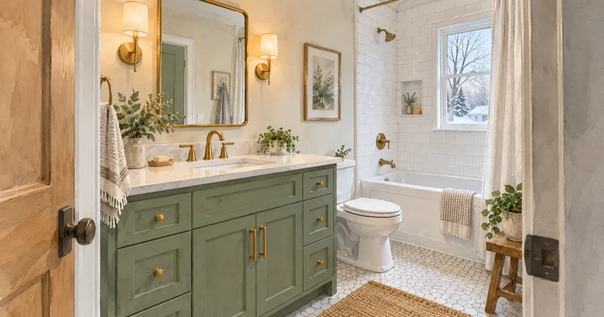 Watercolor illustration of an updated bathroom with a sage green vanity, brass sconces on both sides of the mirror, and a white tile tub surround with a winter window