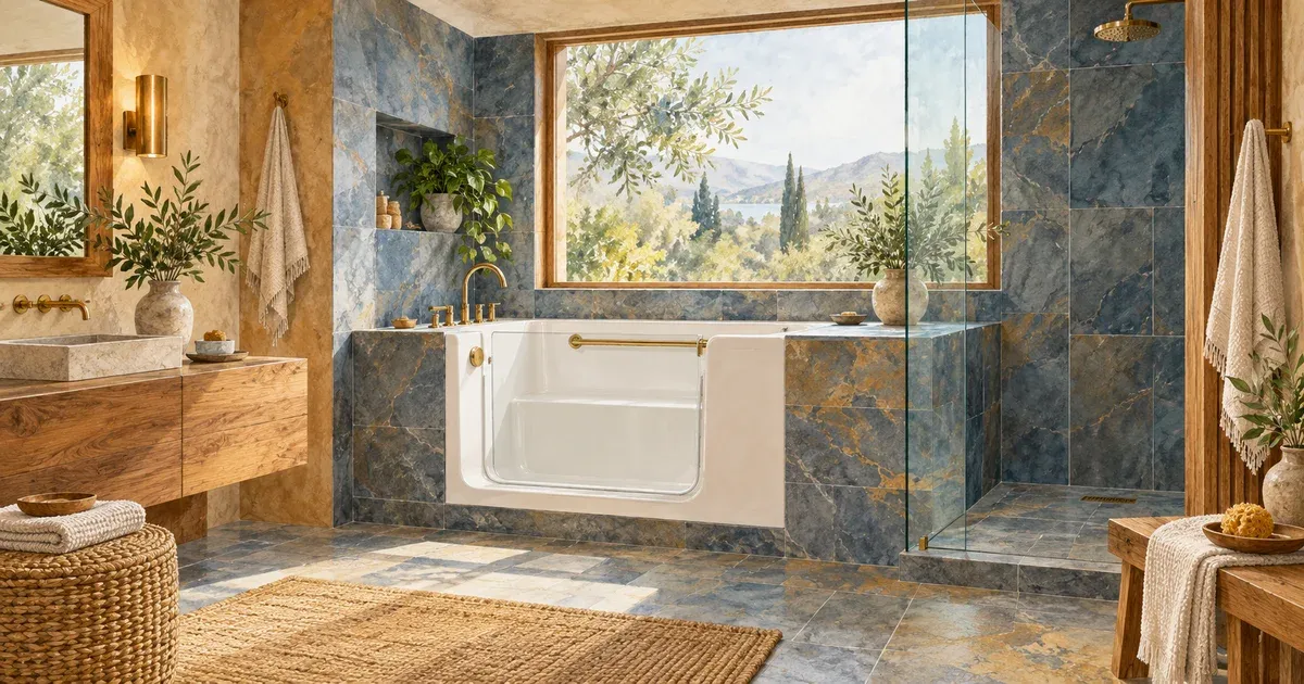 Watercolor illustration of a resort-style spa bathroom with a flush-mounted walk-in tub, custom stone tile surround, and frameless glass partition, amber wash