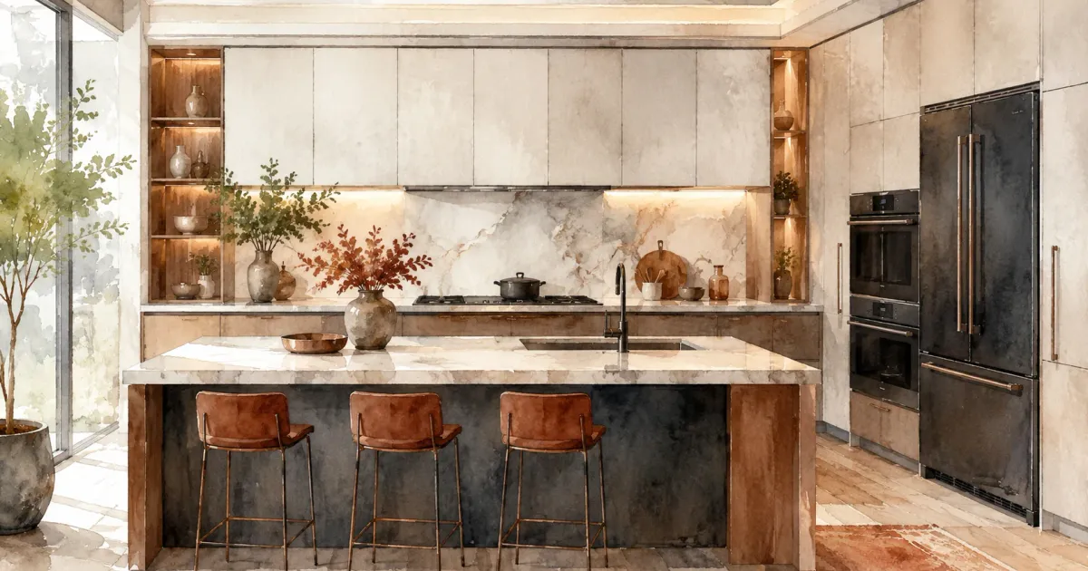 Modern luxury kitchen with marble waterfall island, integrated appliances, warm wood open shelving, and under-cabinet lighting