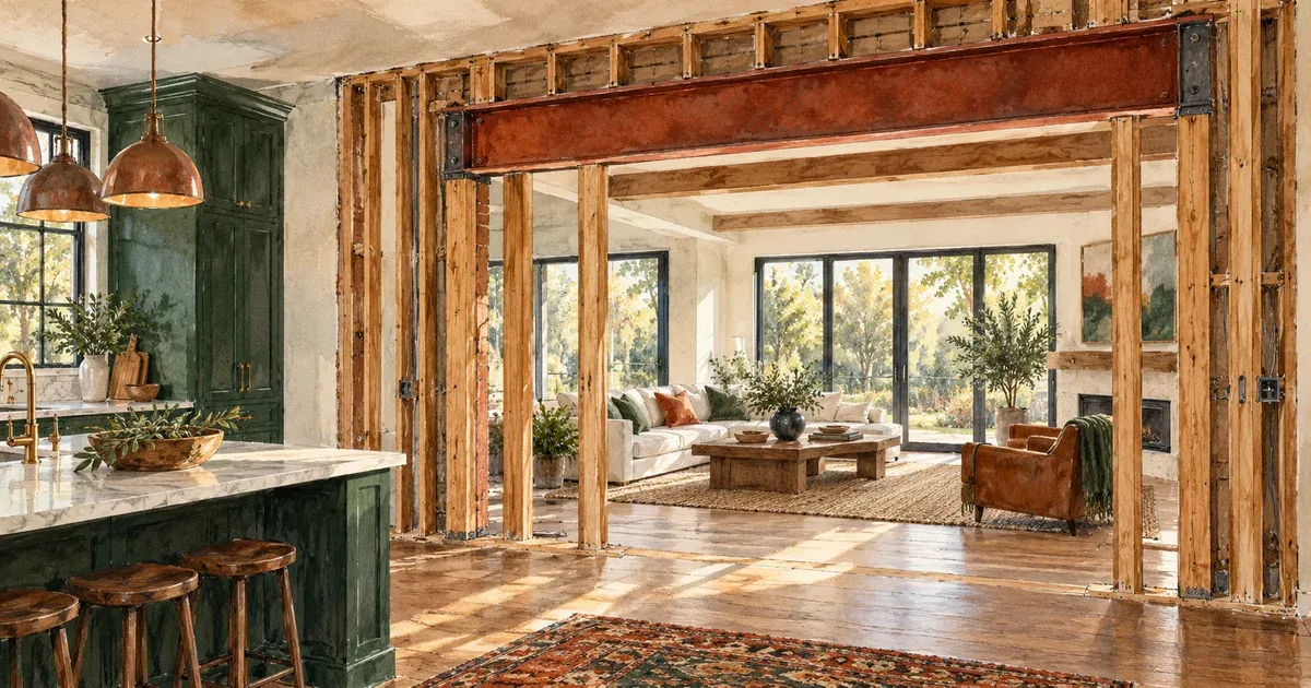 Illustration of a homeowner examining an open wall framing to determine whether it is load-bearing