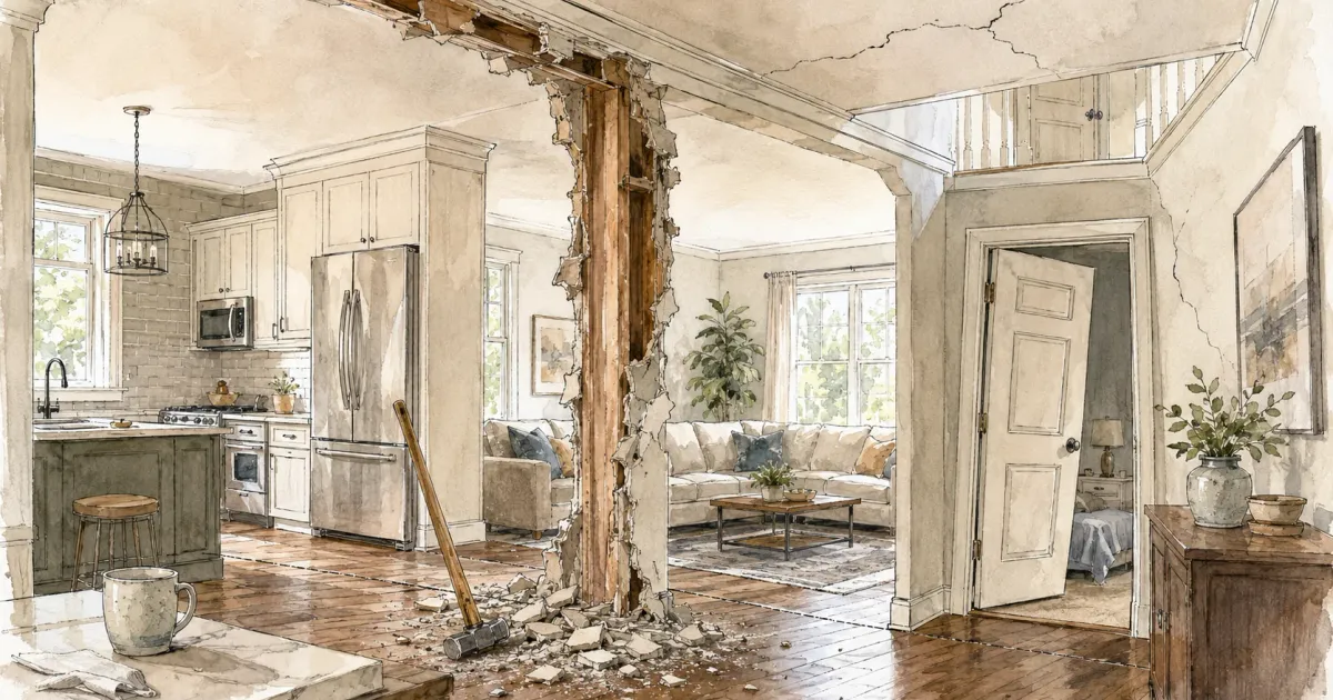 Illustration of a homeowner examining an open wall framing to determine whether it is load-bearing
