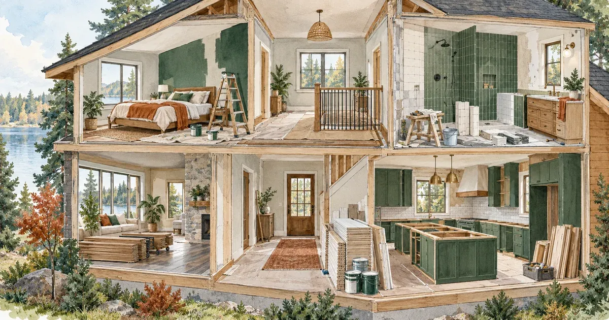 Watercolor illustration of a Minnesota home with several rooms mid-renovation, connected by scaffolding and material staging