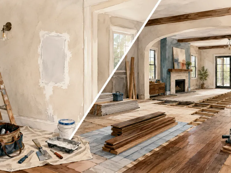 Illustrated before-and-after of a Honey-Doers whole-home renovation, from bare walls to finished living space