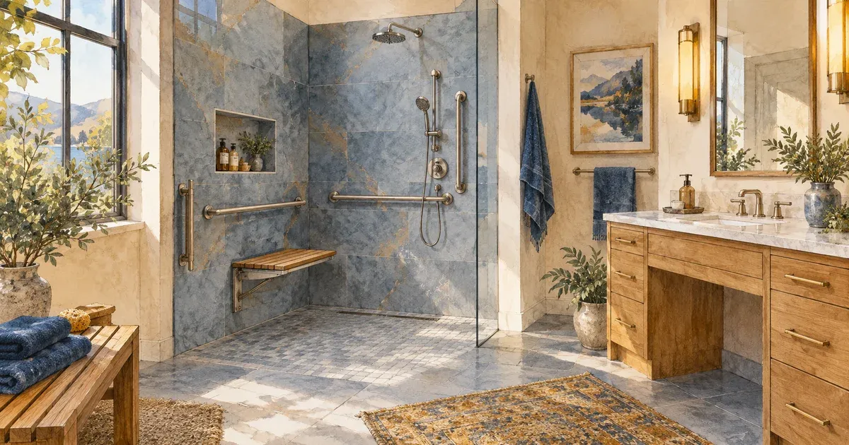 Illustrated aging in place bathroom with curbless walk-in shower, integrated grab bars, fold-down shower bench, and comfort-height vanity