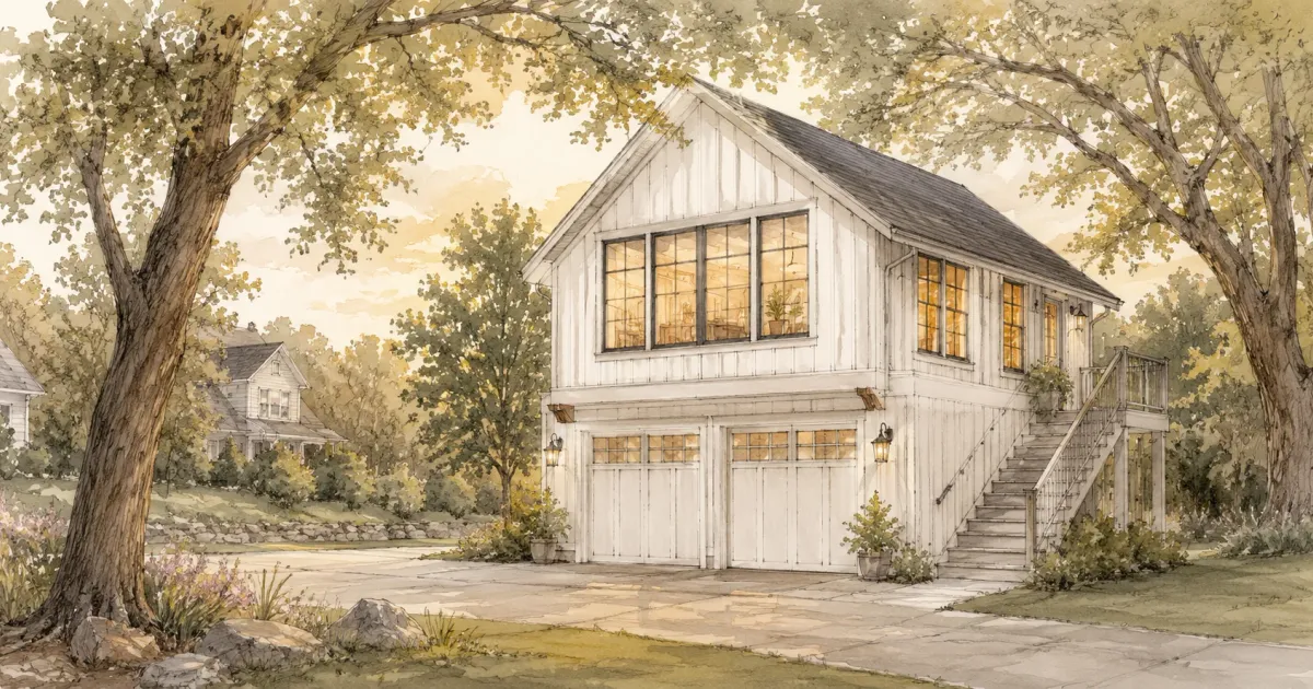Watercolor illustration of a two-story garage with a loft apartment above and separate exterior staircase