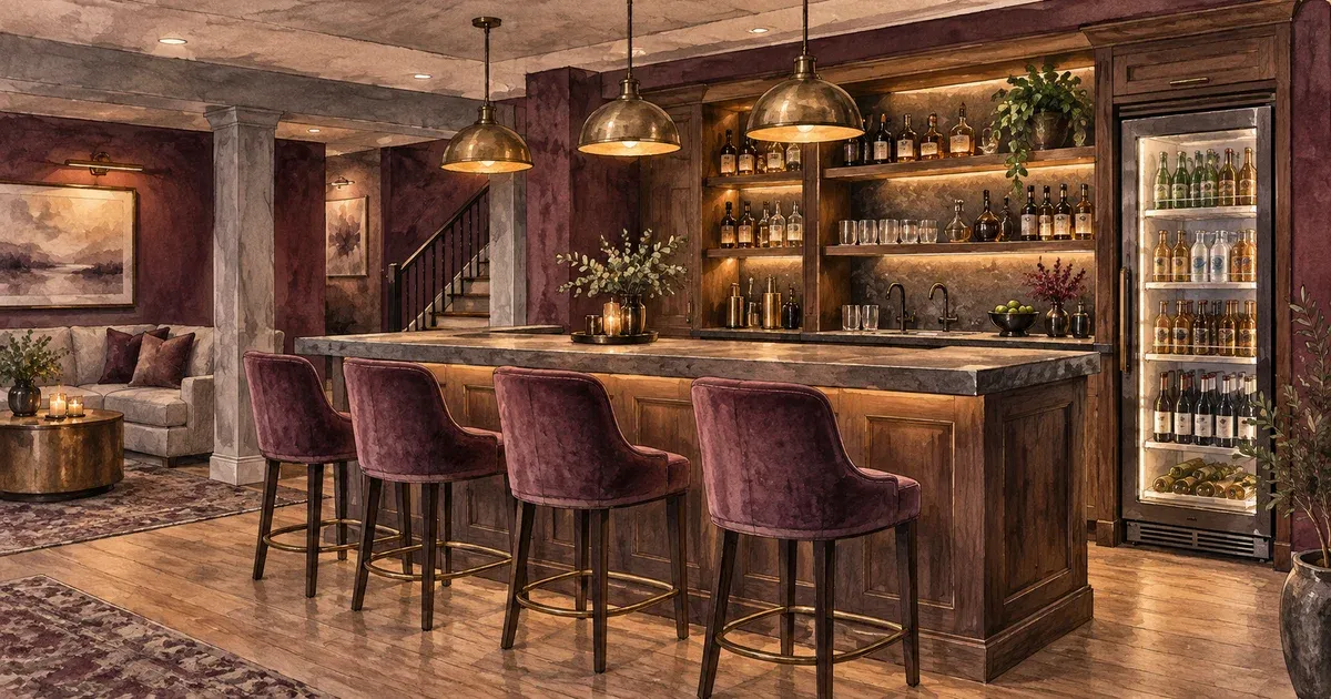 Watercolor illustration of a finished basement bar with wood shelving, pendant lighting, and bar stools facing a beverage refrigerator