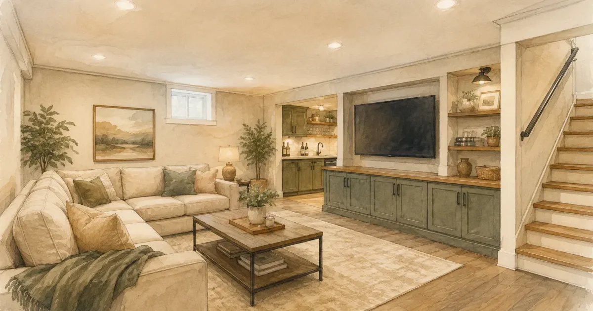 Watercolor illustration of a finished basement with clean recessed-light drywall ceiling, open living space below