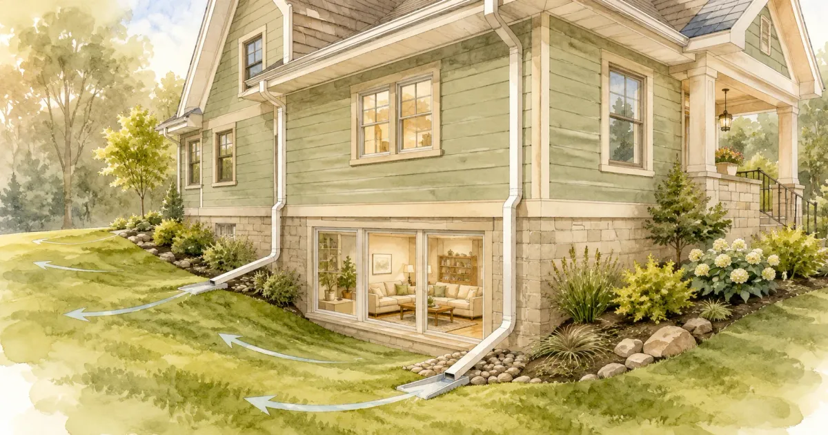Watercolor illustration of a dry finished basement with proper exterior grading and landscaping visible through a ground-level window