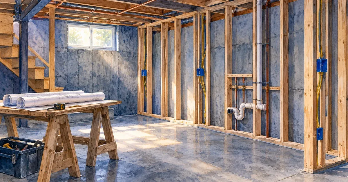 Blueprint-style illustration of a basement floor plan with framing, plumbing, and budget planning callouts