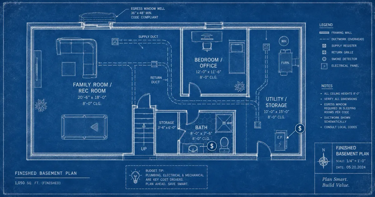 Blueprint-style illustration of a basement floor plan with framing, plumbing, and budget planning callouts
