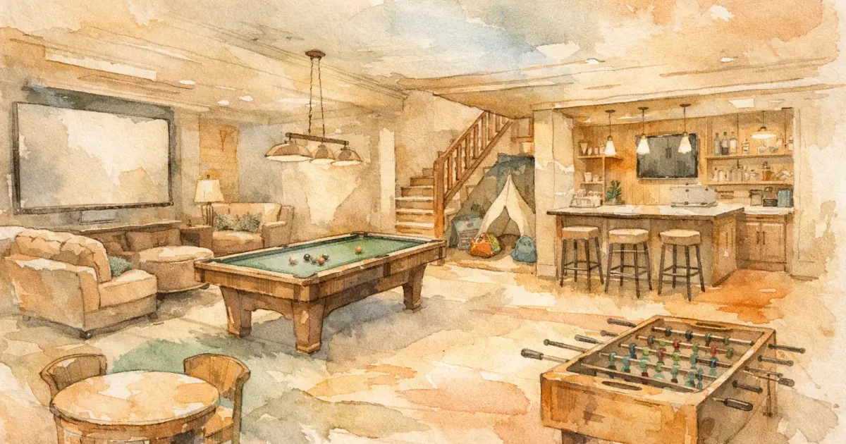 Finished family basement with defined zones for media, play, and storage