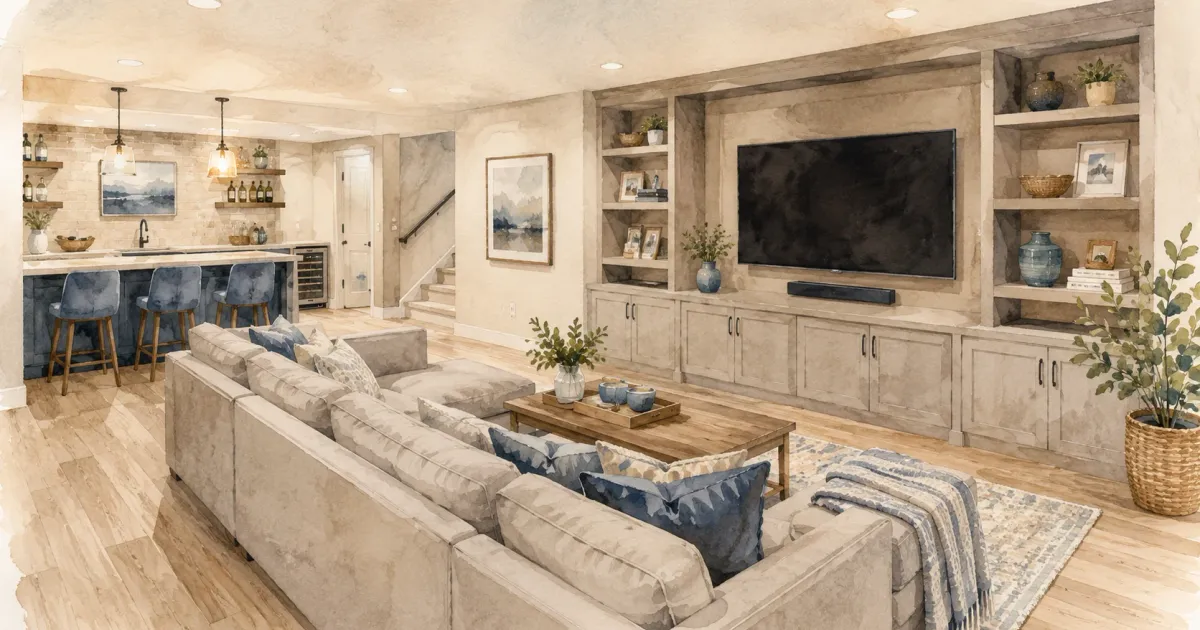 Watercolor illustration of a finished basement with media room seating area, wet bar, and warm recessed lighting
