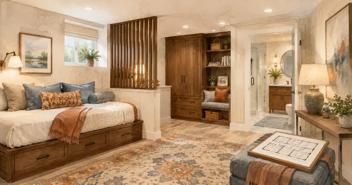 Basement guest suite with a daybed, built-in storage, sitting nook, and adjoining bathroom