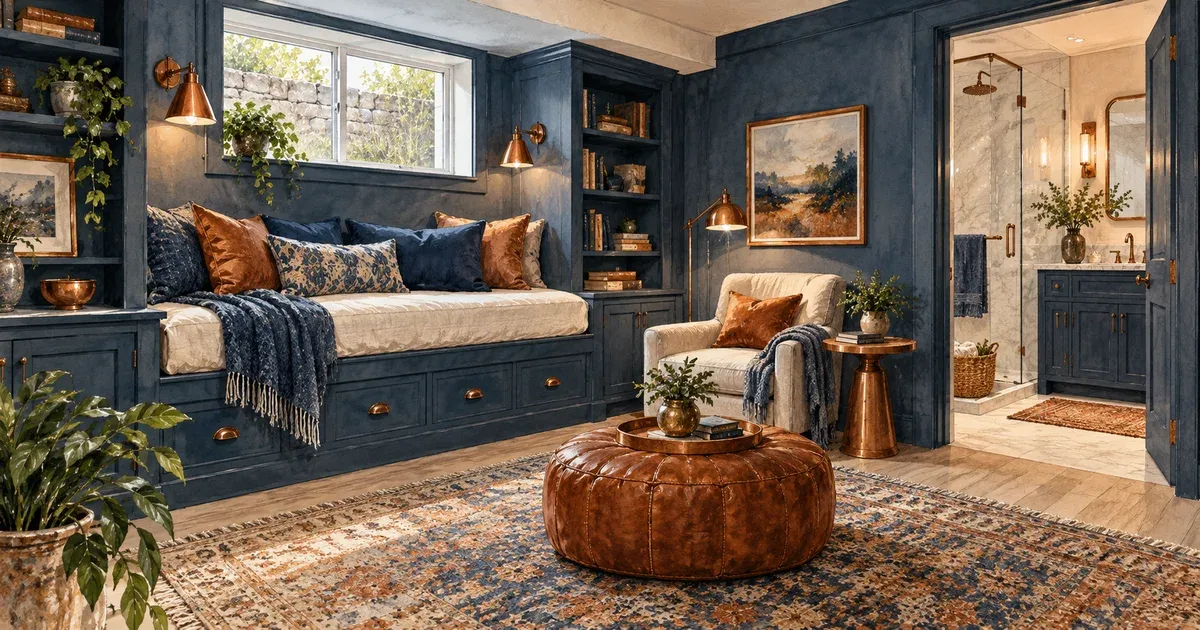 Basement guest suite with a daybed, built-in storage, sitting nook, and adjoining bathroom