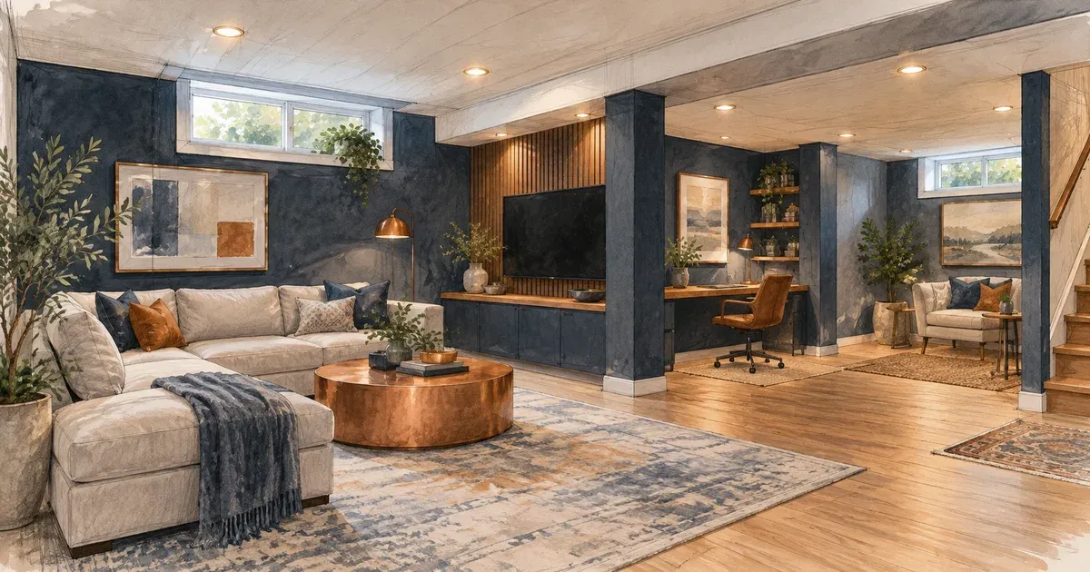 Watercolor illustration of a finished basement split into a media lounge, home office nook, and guest sitting area, sage green wash