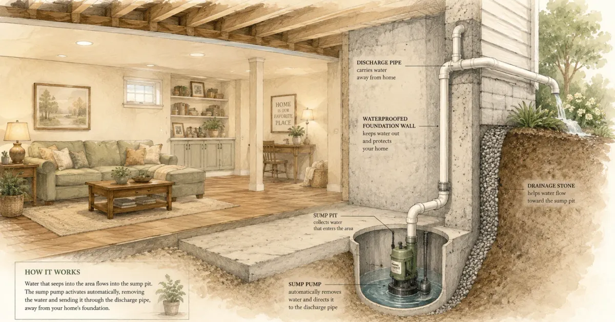 Watercolor cross-section illustration of a basement with a finished living area on one side and a sump pit with pump and discharge pipe on the other