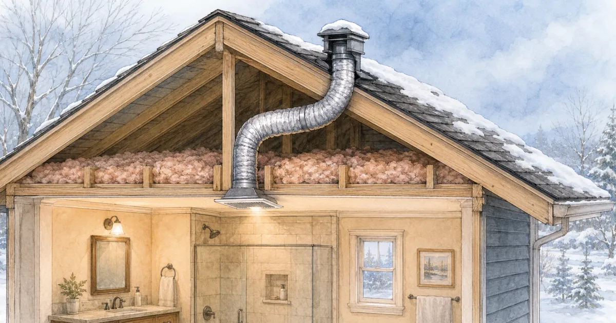 Illustration showing bathroom exhaust fan duct path from ceiling through attic and out through roof cap on a Minnesota home