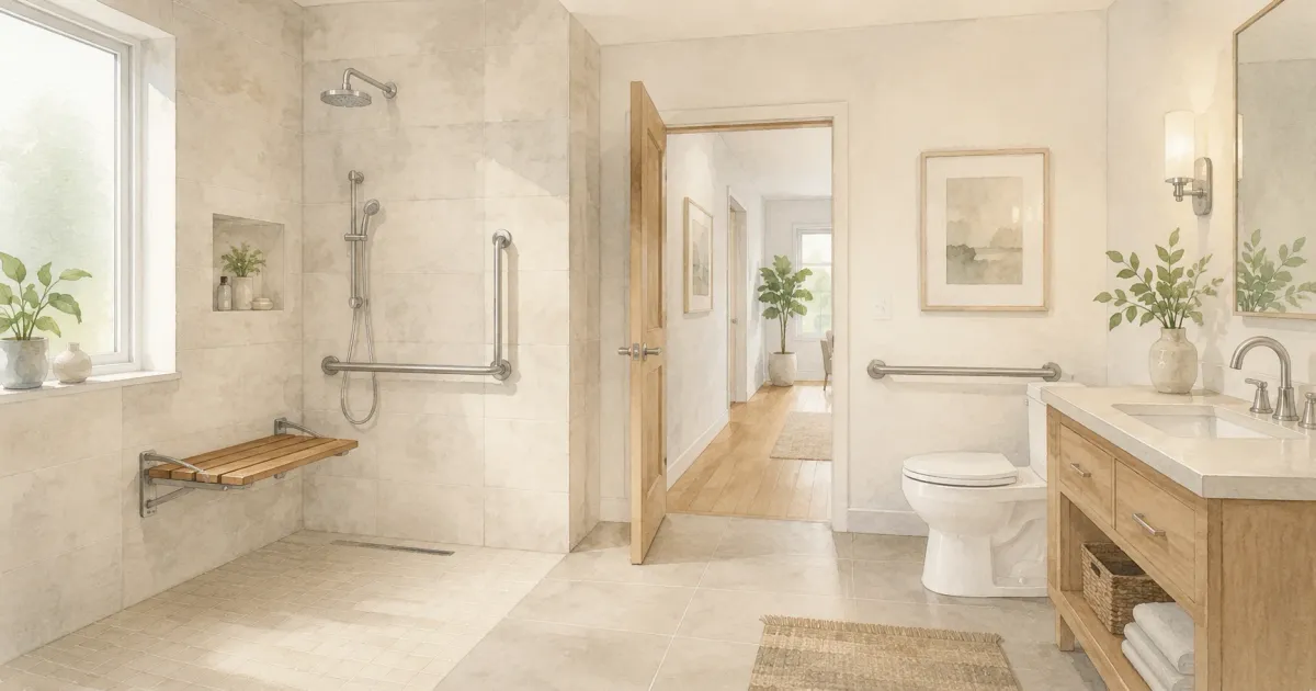 Soft watercolor illustration of a bright accessible bathroom with a curbless walk-in shower, grab bars, and warm natural light