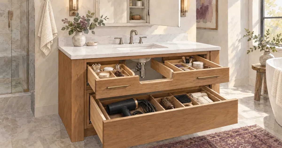 Watercolor illustration of a wood bathroom vanity with a U-shaped top drawer pulled open around the exposed sink drain, a deep lower drawer holding a hair dryer and brushes in dividers, and an open medicine cabinet above