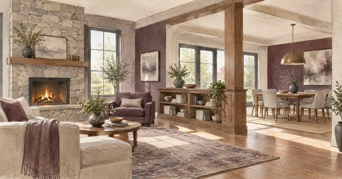 Watercolor illustration of a broken plan main floor where a built-in library half-wall and a column divide the living room from the dining area, with a stone fireplace and daylight passing between both zones