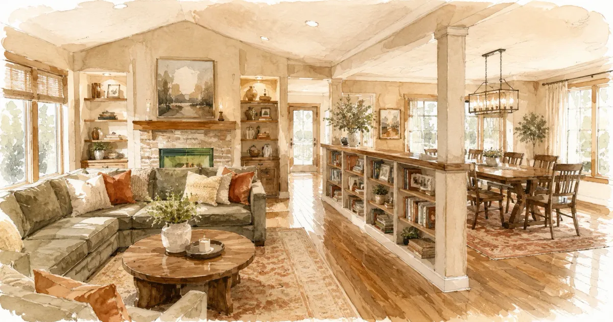 Watercolor illustration of a broken plan main floor where a built-in library half-wall and a column divide the living room from the dining area, with a stone fireplace and daylight passing between both zones