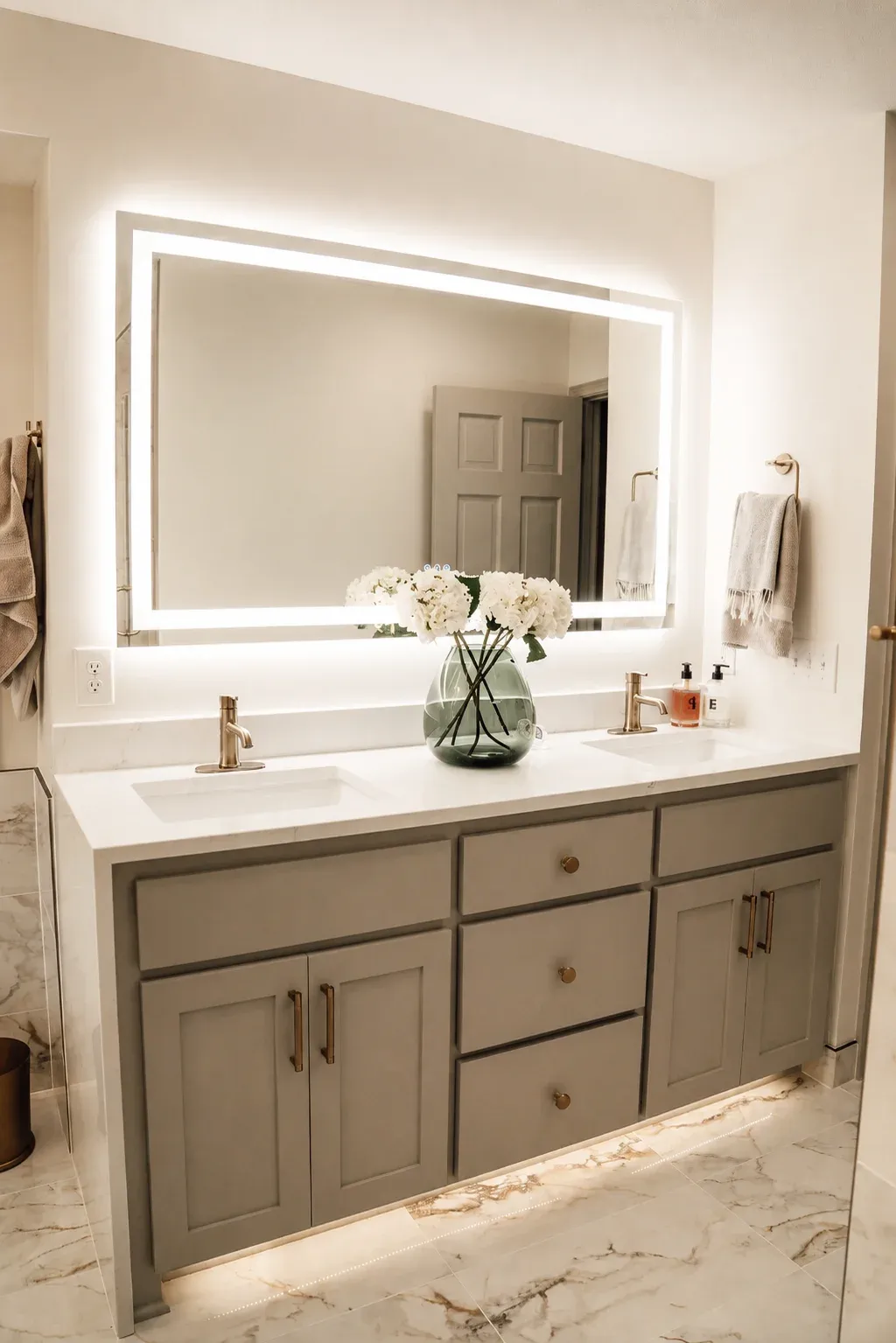 Custom poplar vanity cabinetry with Statuario Wave quartz countertop and backlit mirror in Burnsville primary bathroom