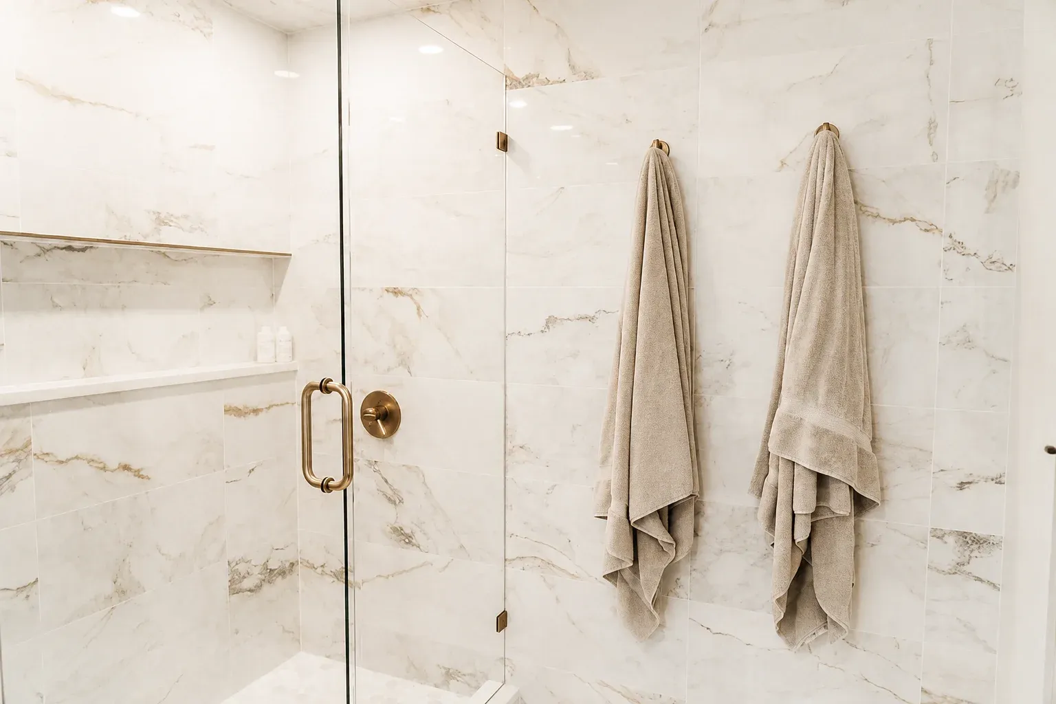 Wall-to-wall shower niche with quartz shelf and continued tile pattern in Burnsville bathroom remodel