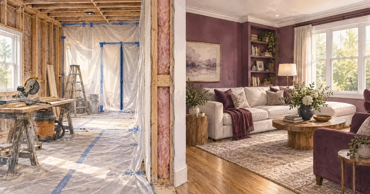 Split watercolor illustration showing an exposed-framing construction zone on one side and a finished, furnished living room on the other, divided by a single shared wall