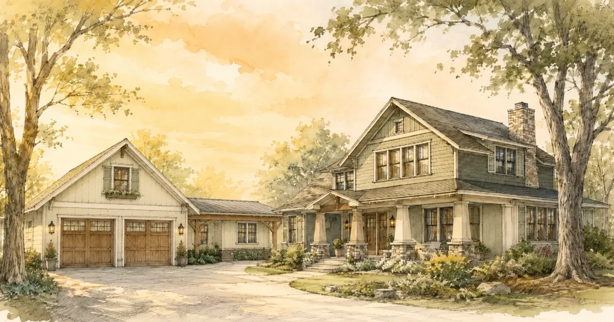 Watercolor illustration of a craftsman home with an attached garage connected via a breezeway