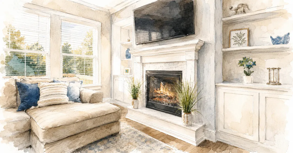 Bright living room with a white fireplace mantel, built-in shelving, and a mounted TV above the firebox