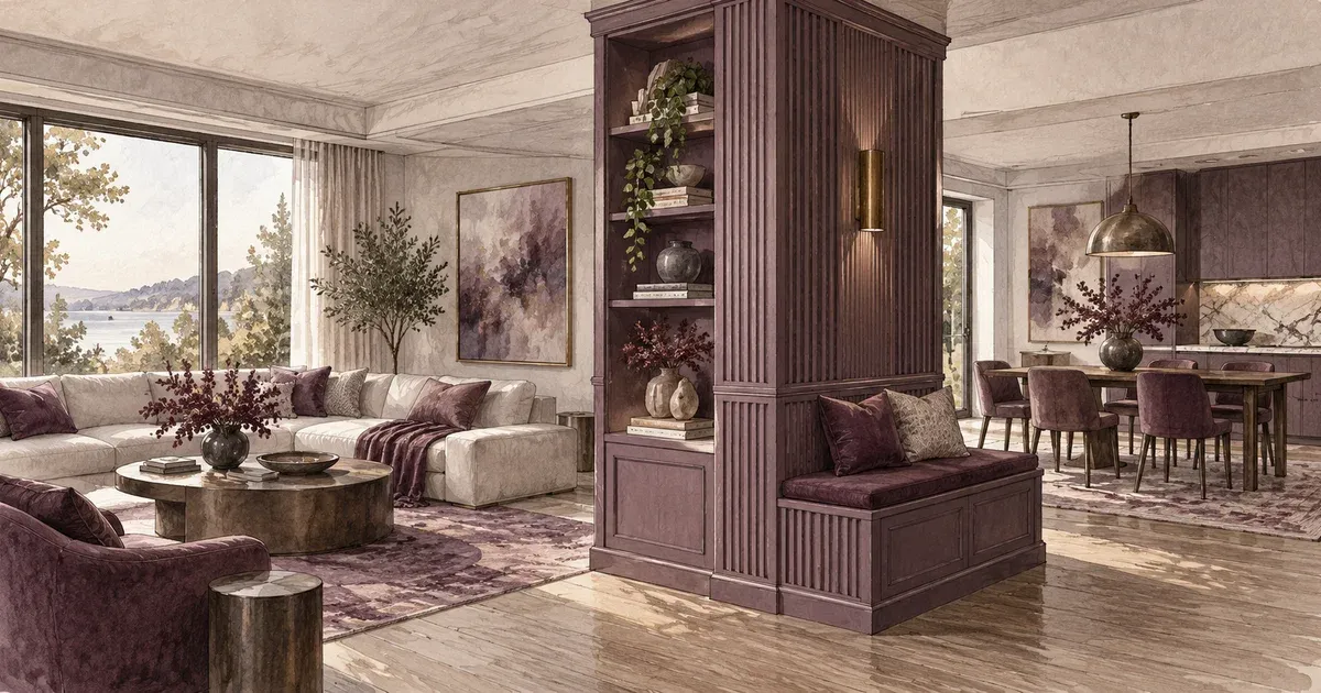 Watercolor illustration of three structural pillar cabinetry solutions — shelving, built-in bench, and fluted millwork