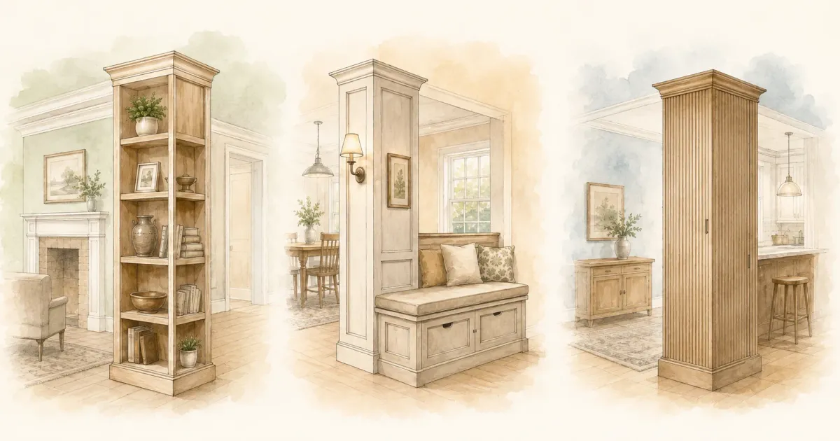 Watercolor illustration of three structural pillar cabinetry solutions — shelving, built-in bench, and fluted millwork