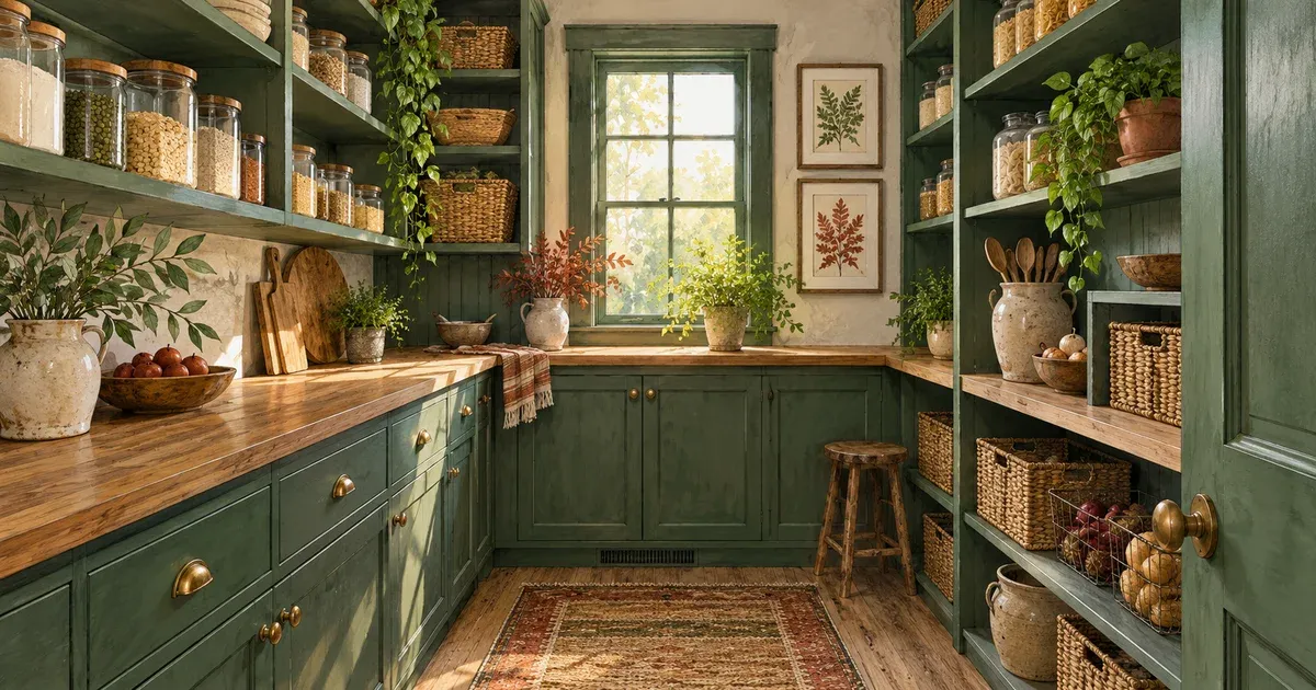 Watercolor illustration of a walk-in pantry with sage green cabinets, wood countertops, and open shelving stocked with jars and baskets