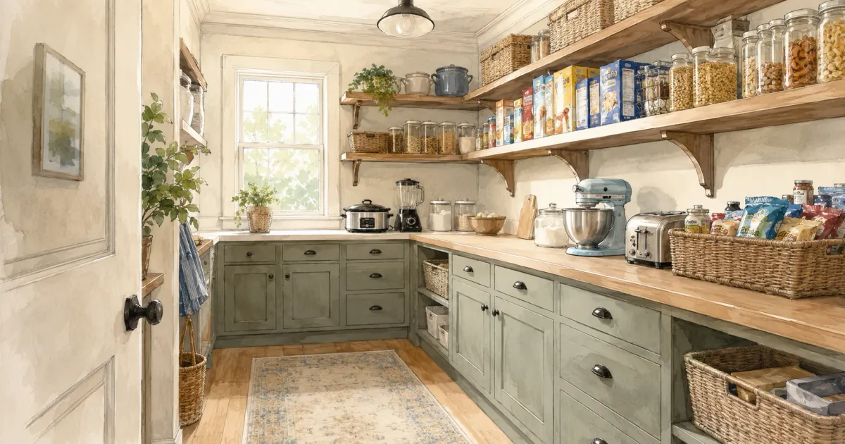 Watercolor illustration of a walk-in pantry with sage green cabinets, wood countertops, and open shelving stocked with jars and baskets