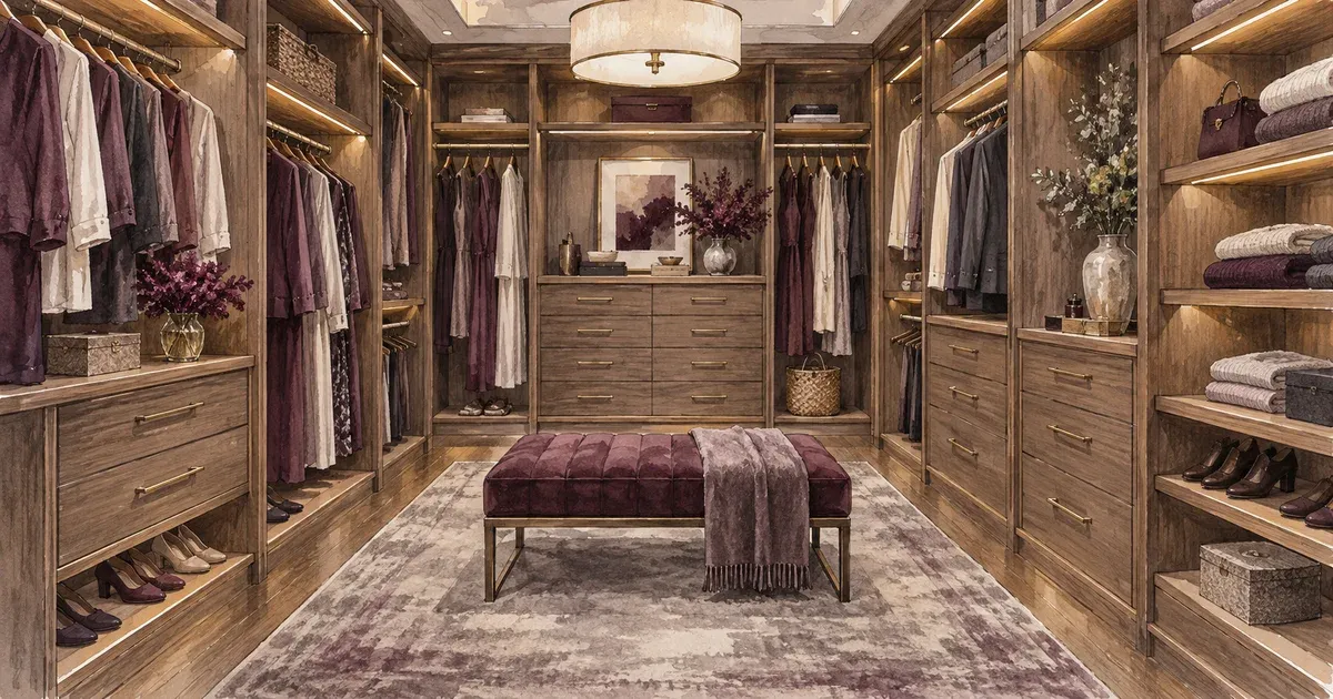 Custom walk-in closet with built-in shelving, drawers, and warm wood finishes in a Minnesota home