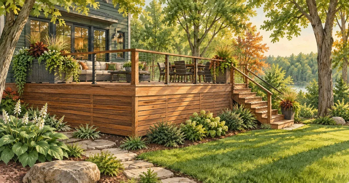 Watercolor illustration of a raised deck with horizontal wood skirting enclosing the space underneath