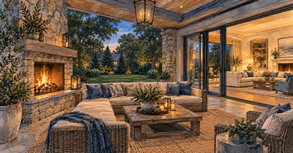 Covered outdoor patio with a stone gas fireplace, sectional seating, and sliding glass doors opening to the interior living room