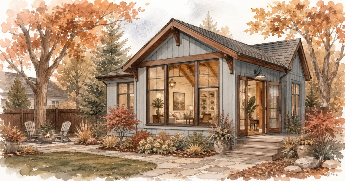 A backyard accessory dwelling unit cottage with vaulted ceilings and a stone patio in fall
