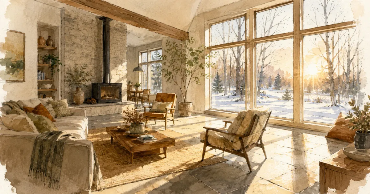 Soft watercolor illustration of a sun-filled Minnesota living room with large south-facing windows and a stone thermal mass floor