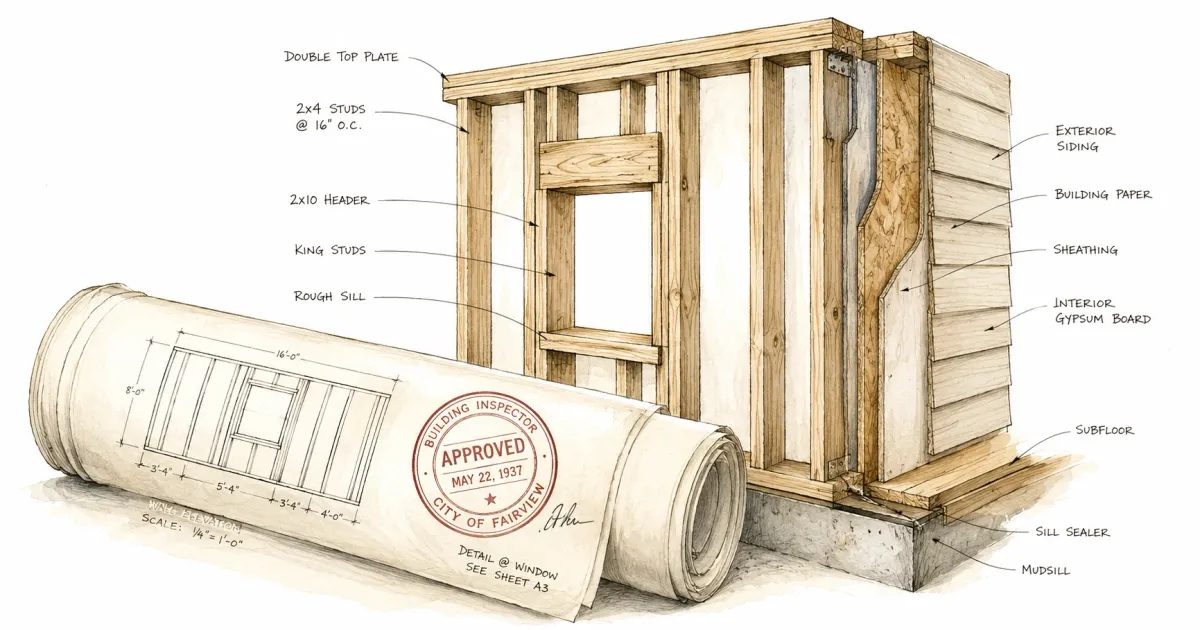 Vintage architectural illustration of a framed wall cross-section labeled with construction terms, beside a rolled blueprint stamped 'Approved' by a building inspector