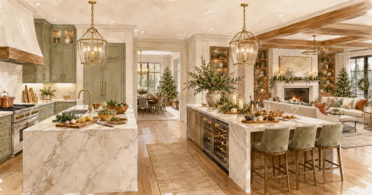 Large open-concept kitchen with two islands, one fitted with a prep sink and the other with seating and pendant lighting