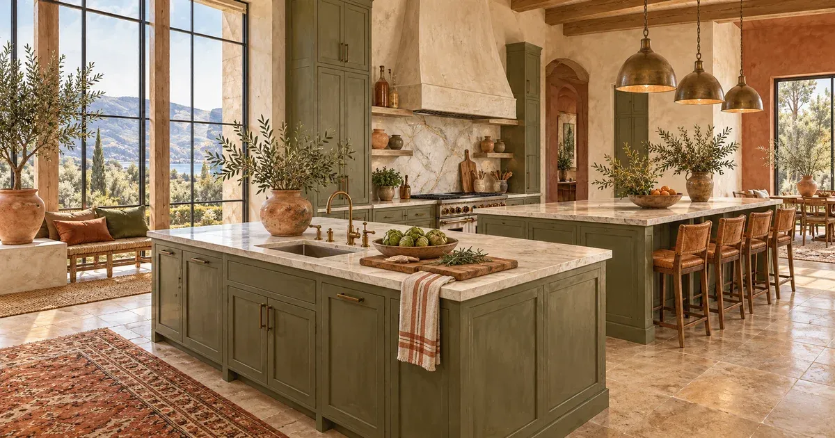 Large open-concept kitchen with two islands, one fitted with a prep sink and the other with seating and pendant lighting