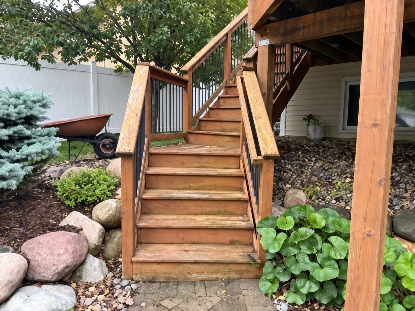 Original cedar deck stairs before the rebuild in Eagan, MN
